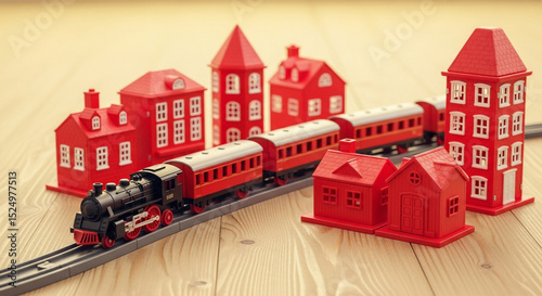 Miniature Train Set With Red Building Models Displayed Nicely