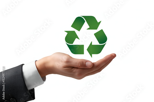 Hand in suit holding green recycling symbol on white background