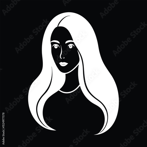 Black vector beautiful woman's portrait silhouette with long flowing hair