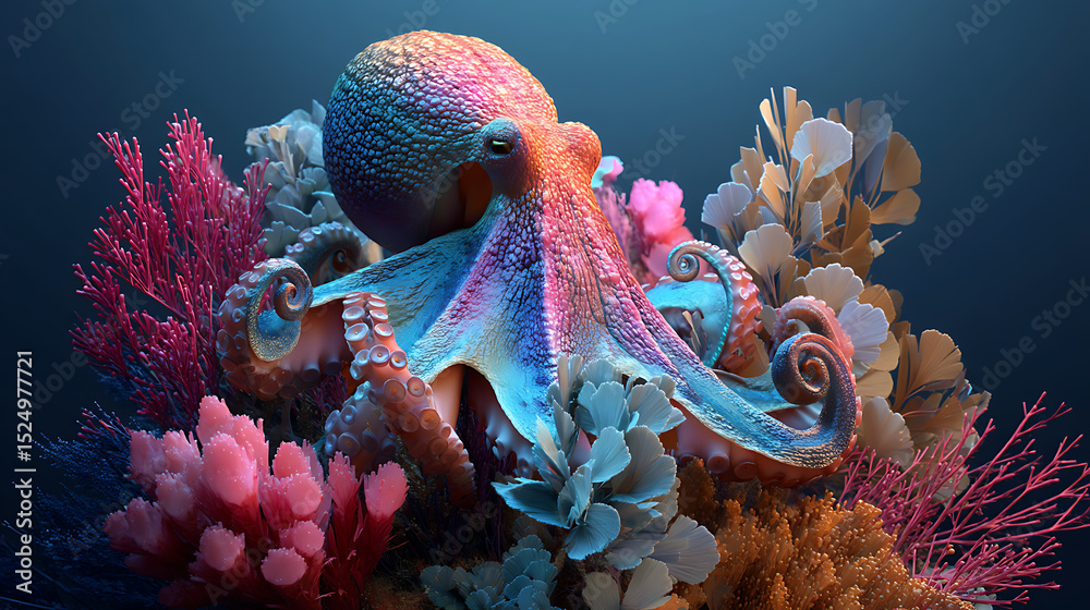 Obraz premium 3d octopus in the Deep Sea Blue underwater coral reef.