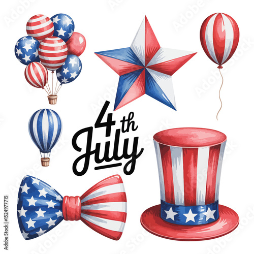 4th of July Watercolor Clipart Patriotic Balloons, Stars, Hats, and Bows