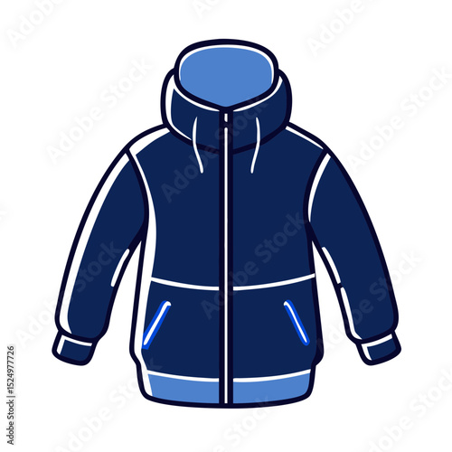 A warm blue winter jacket with a hood and pockets. Useful for websites or blogs about winter clothing, outdoor activities, fashion, or cold weather gear.