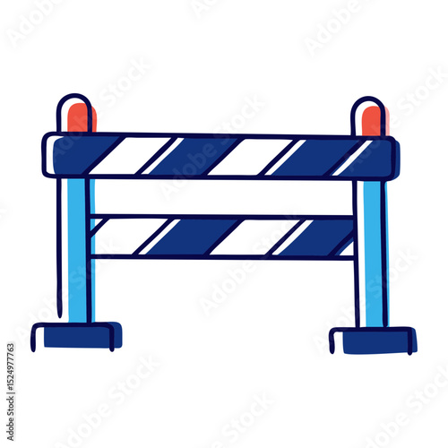 construction barrier with blue and white stripes and two red lights. Useful for websites or blogs about construction, safety, roadwork, or restrictions.