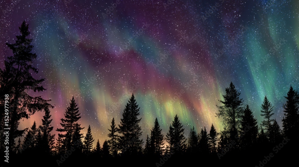 Fototapeta premium Aurora Borealis Displays Magical Lights Over Majestic Forest Scene