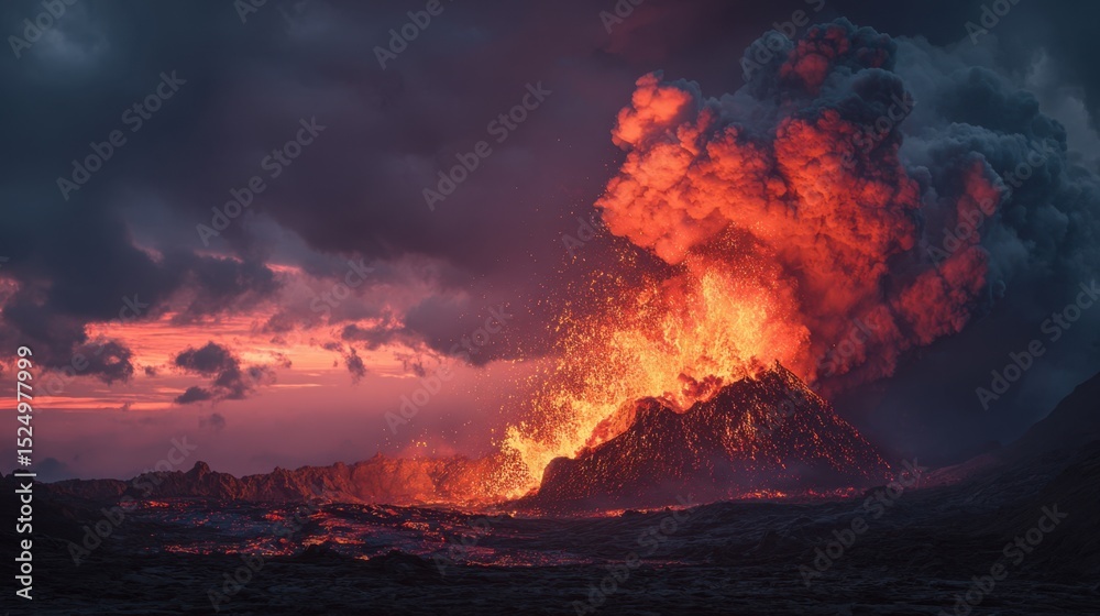Fototapeta premium Volcanic Eruption Lava Flowing Red Hot Volcanic Activity