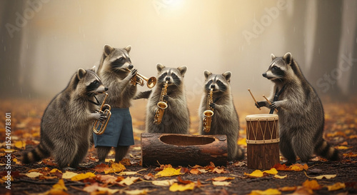 A Band of Raccoons Playing Music in the Autumn Forest