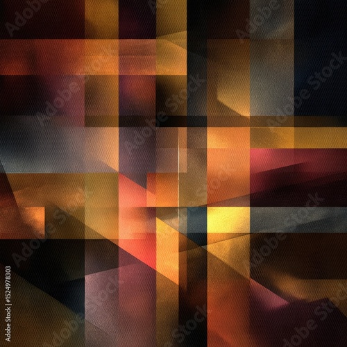 Abstract artwork with overlapping, translucent rectangles in warm colors, creating a layered effect and depth