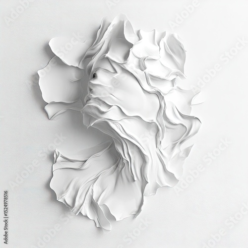 Abstract white sculptural form, resembling draped fabric or flowing water, minimalist and elegant