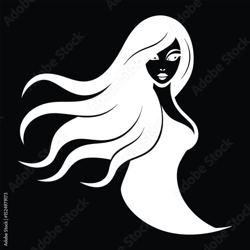 Black vector beautiful woman's portrait silhouette with long flowing hair