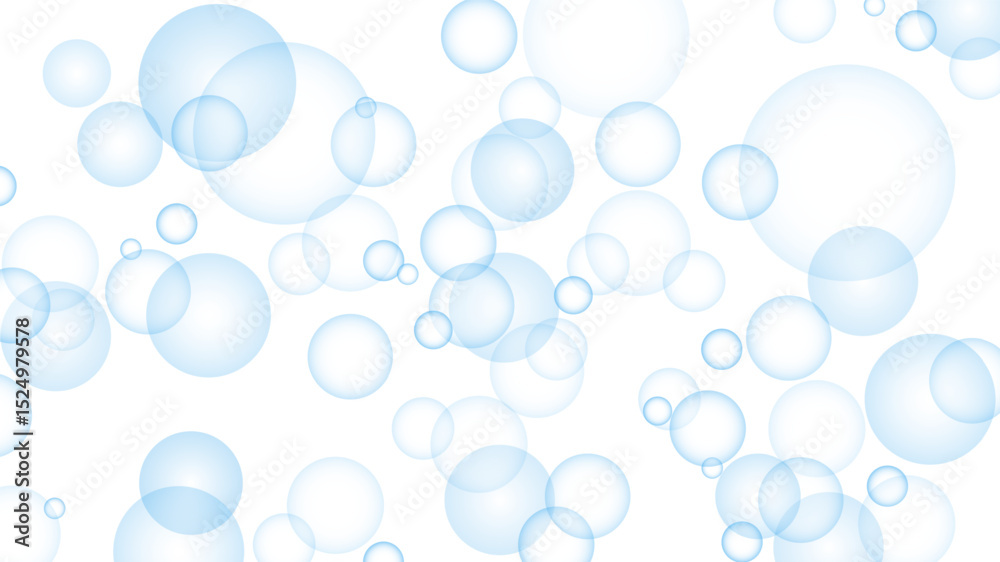 Blue bubbles on white background, empty horizontal banner. Light blue transparent circles, water or soap bubbles. Vector HD template with copy space for minimalist pure abstract design.