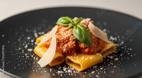 Delicious Pasta with Bolognese Sauce and Parmesan on the Plate