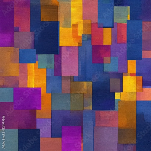 Abstract artwork featuring vibrant, overlapping rectangles in diverse colors and sizes, creating a dynamic visual texture