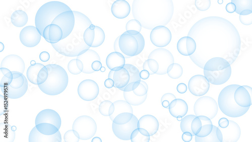 Blue bubbles on white background, empty horizontal banner. Light blue transparent circles, water or soap bubbles. Vector HD template with copy space for minimalist pure abstract design.