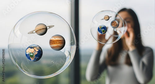 Planets in Bubbles Woman Looking Through Them Window Light