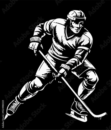 Black and White Hockey Player Action Illustration