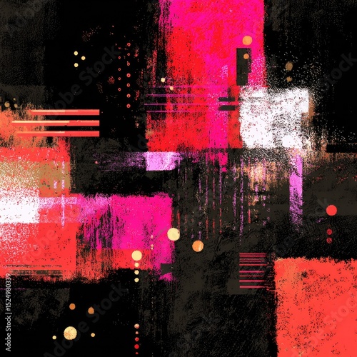 Abstract artwork featuring vibrant red, pink, and black hues, textured brushstrokes, and geometric elements