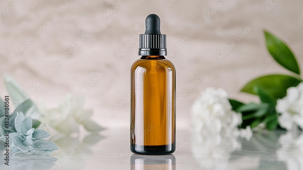 Fototapeta premium Amber glass dropper bottle with flowers beauty product shot