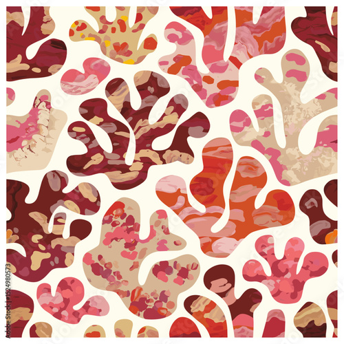 Seamless pattern with vibrant coral reef shapes and abstract underwater elements in warm tones of red, orange, pink, and beige. Hand-drawn style vector background, perfect for textile design, wrapping
