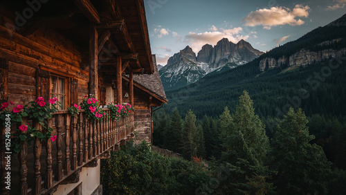 Paesaggio al tramonto di una baita in legno detta anche chalet in montagna sulle Alpi in mezzo ai boschi con fiori gerani sul balcone in estate