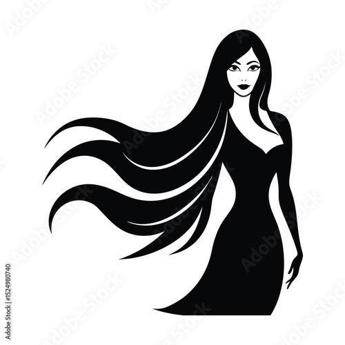 Black vector beautiful woman's portrait silhouette with long flowing hair