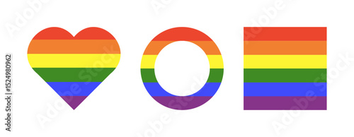 Rainbow flag frames. Gay pride background. Progress Logo symbols badges. Stickers in rainbow colors. LGBT circle, square, heart icons. Rounds, hearts, rectangles push buttons. Simple template design.