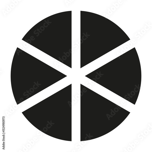 Circle division on a six equal parts simple icon. Wheel divided flat diagram with 6 segments. Infographic black round element. Coaching blank pattern.