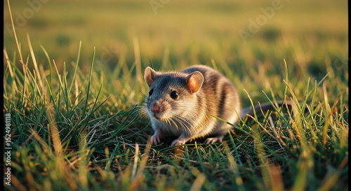 A Wild Mouse Hiding in Green Grass on Field