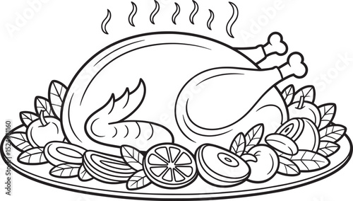 Thanksgiving Roast Turkey with Vegetables on Platter – Line Art Illustration, Roast Turkey on Platter with Vegetables, Thanksgiving Dinner Outline, Holiday Meal Vector