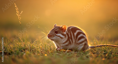 Striped Grass Mouse at Sunrise in the Green Meadow