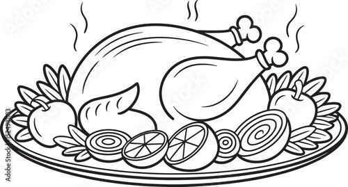 Thanksgiving Roast Turkey with Vegetables on Platter – Line Art Illustration, Roast Turkey on Platter with Vegetables, Thanksgiving Dinner Outline, Holiday Meal Vector