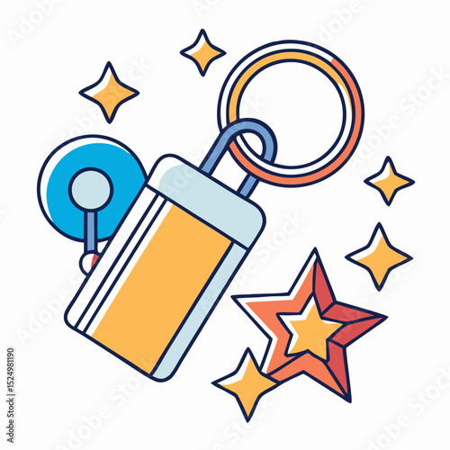Yellow Keyring with Stars and Charms: Vector Illustration