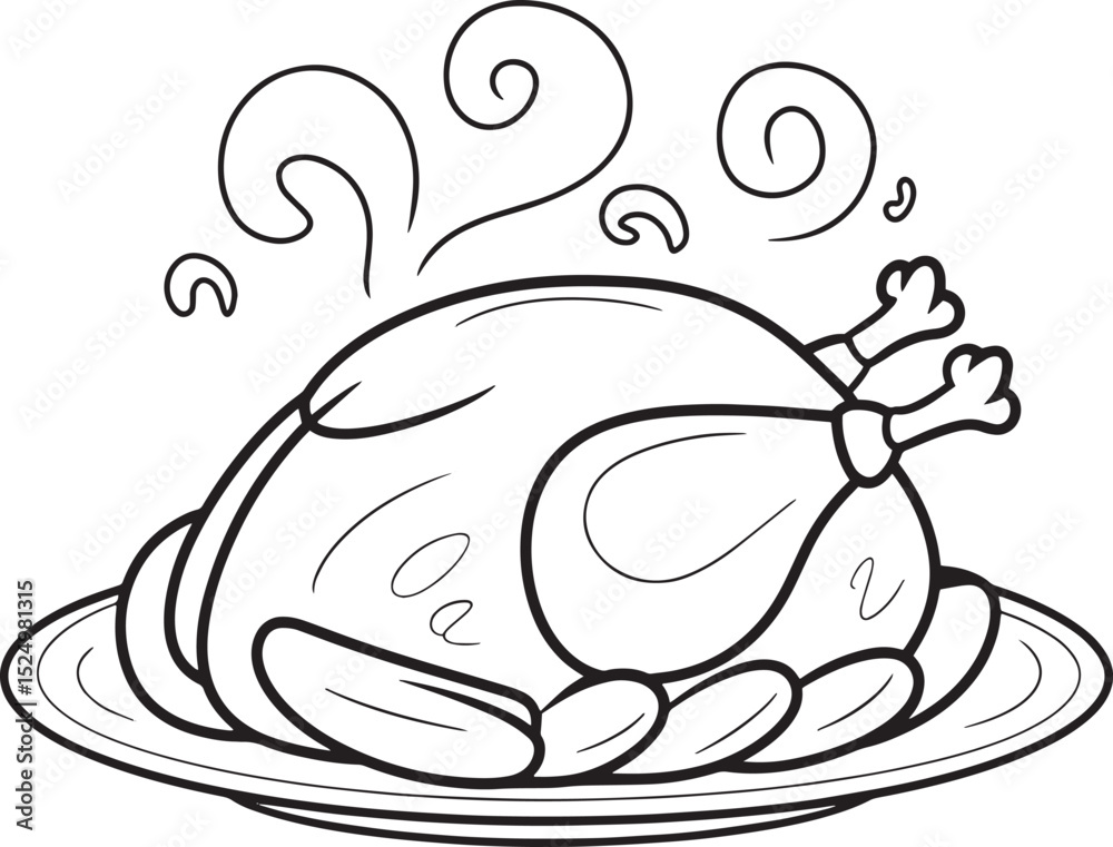 Fototapeta premium Thanksgiving Roast Turkey with Vegetables on Platter – Line Art Illustration, Roast Turkey on Platter with Vegetables, Thanksgiving Dinner Outline, Holiday Meal Vector
