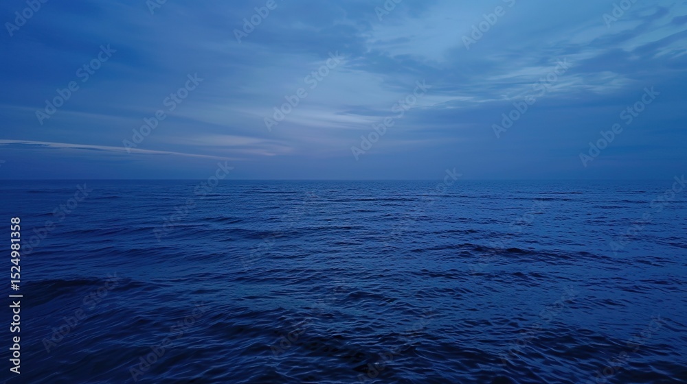 Fototapeta premium Vast Blue Ocean at Flat Camera Angle: Minimalist Coastal Serenity, Horizon-Defining Smooth Waters, and Endless Azure Depths in Soothing Maritime Photography