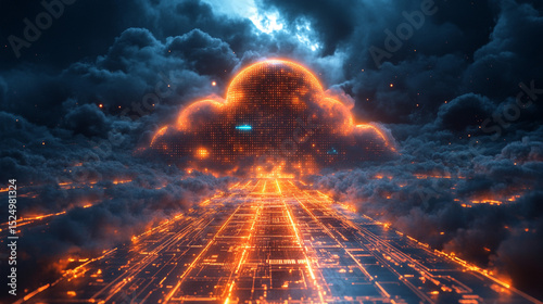 Fiery digital cloud above glowing circuit board path in stormy sky