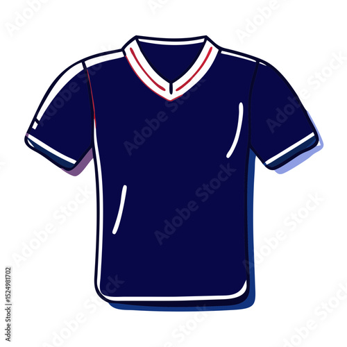 A blue V-neck shirt with white and red trim. Ideal for websites and blogs featuring apparel, sports, fashion, or casual wear.