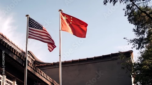 US and China Flags Waving Together in the Wind