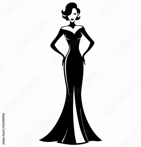 Elegant Woman in Black Evening Gown, Fashion Illustration