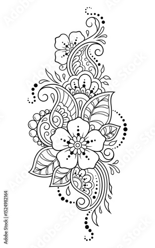 Mehndi flower pattern for Henna drawing and tattoo. Decoration in ethnic oriental, Indian style. Doodle ornament. Outline hand draw vector illustration.