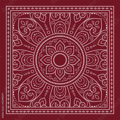 Circular pattern in form of mandala with flower for Henna, Mehndi, decoration. Red decorative ornament in ethnic oriental style for a bandana. Outline doodle hand draw vector illustration.