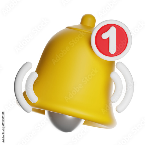 Yellow notification bell ringing with one new message on transparent background