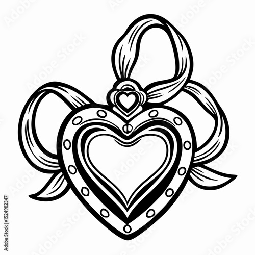 Heart-Shaped Locket with Ribbon: Line Art Illustration