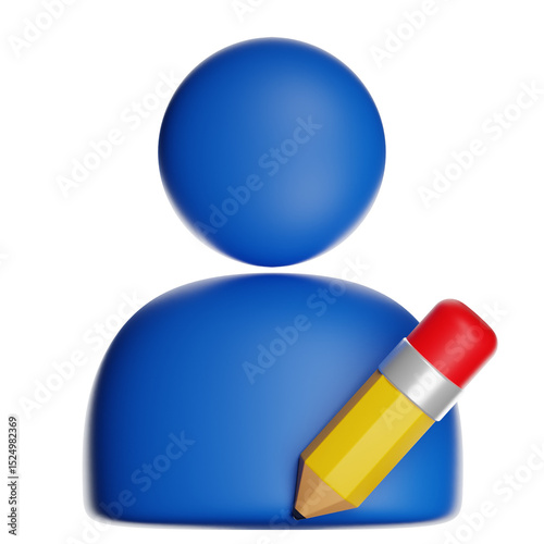 Blue user profile icon with yellow pencil writing and editing on transparent background