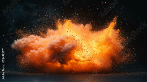 Fiery explosion with smoke and debris on dark background