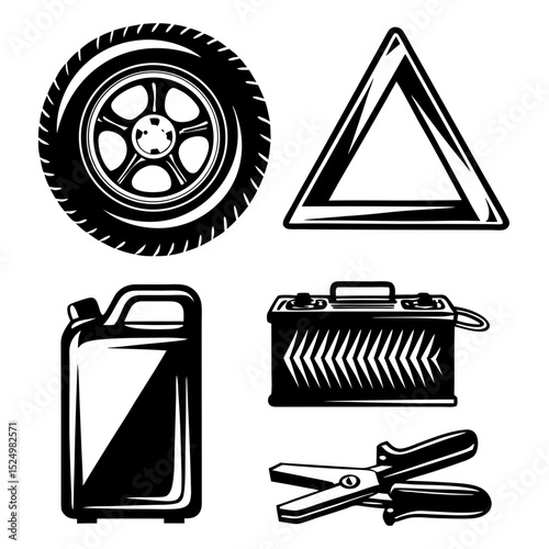 Car repair kit icons black and white