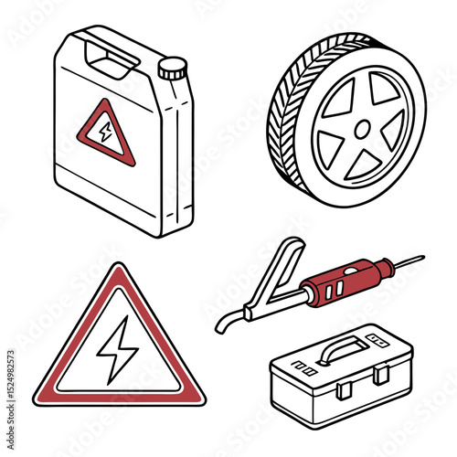 Car repair kit illustration tools and warning signs