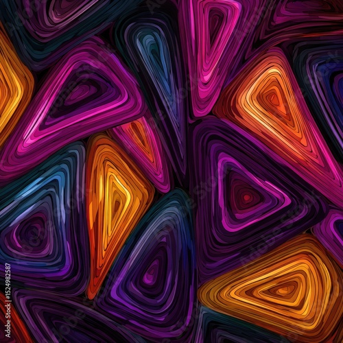 Abstract artwork featuring vibrant, swirling triangles in purple, orange, and blue hues
