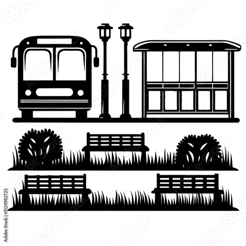 Bus stop with benches and streetlights illustration