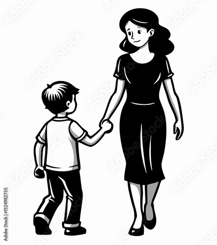 Mother and Son Walking Hand-in-Hand, Black and White Illustration