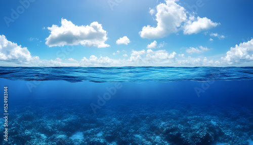 Wallpaper Mural Split view horizon of blue sky with clouds and deep blue underwater ocean. Breathtaking Oceanic Panorama - with copy space to insert ads Torontodigital.ca