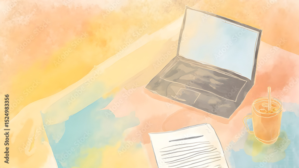 Obraz premium Creative workspace with a laptop, iced drink, and papers in a watercolor style
